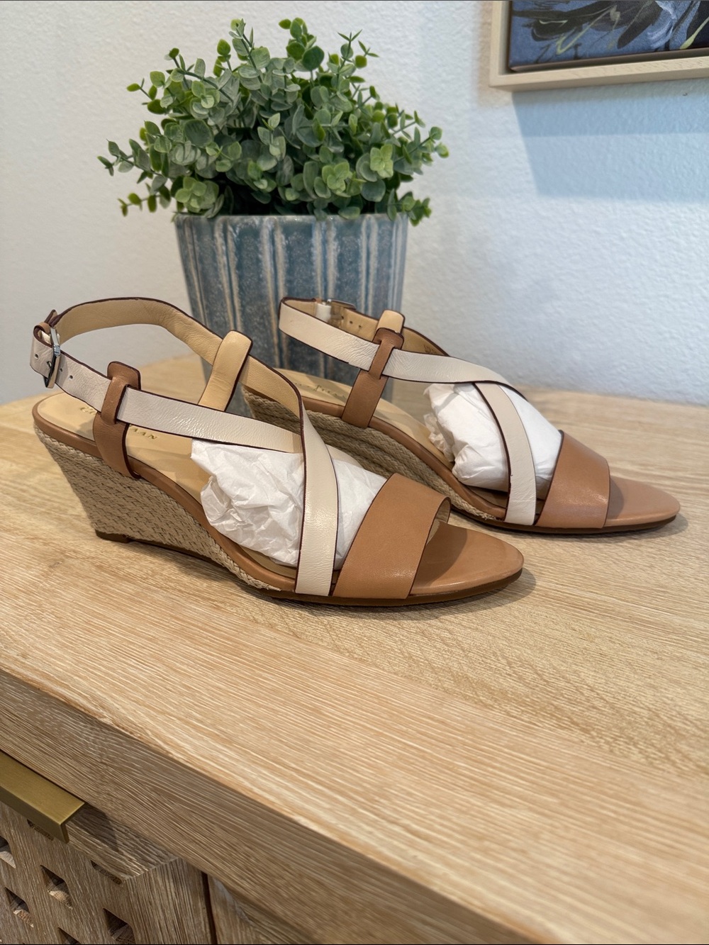 Women's Two-Tone Tan and Cream Wedge Sandals - Cole Haan